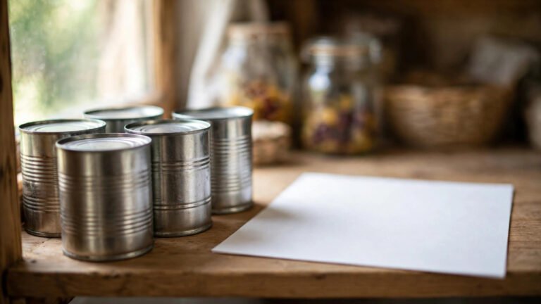 Unbranded cans of preserved fruit on a pantry shelf next to a blank recall-check sheet
