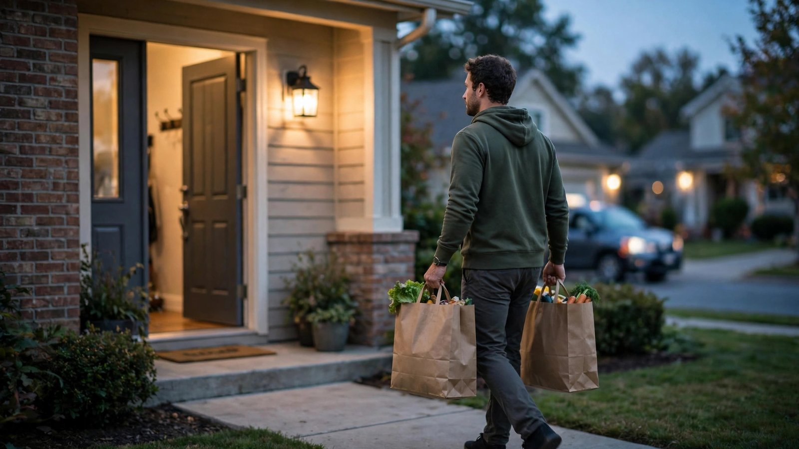 A grocery delivery courier carrying paper grocery bags to a suburban front door at dusk