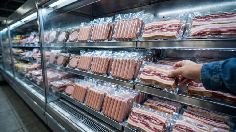 Unbranded packages of hot dogs and bacon in a supermarket refrigerated meat case