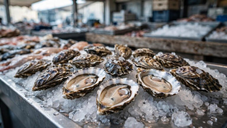 Fresh raw oysters on crushed ice at a seafood market counter