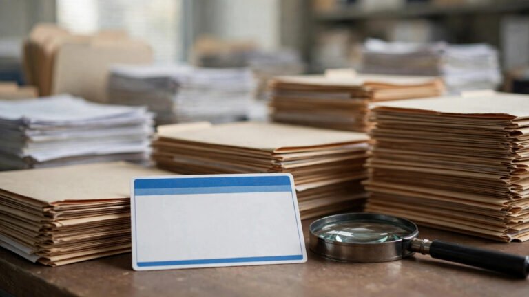 Stacks of record folders and a blank ID card with a magnifying glass on an office desk