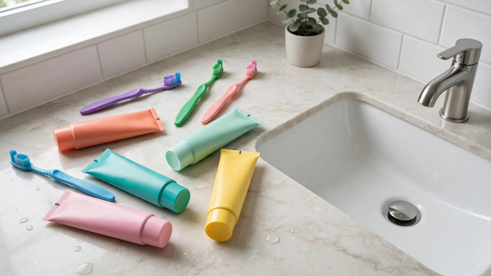 Plain unbranded colorful toothpaste tubes and toothbrushes on a bathroom counter